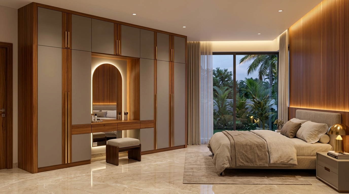 Master Bedroom Hinged Wardrobe with Vanity Nagercoil